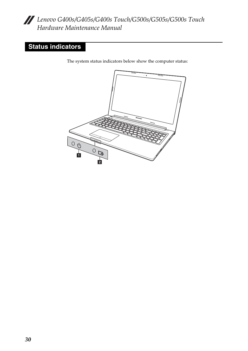 Status indicators | Lenovo G405s Notebook User Manual | Page 34 / 104