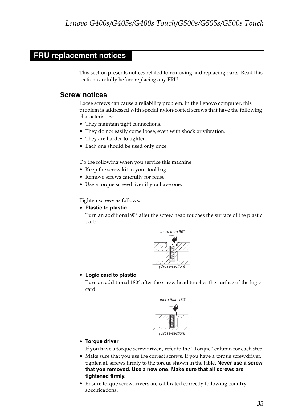 Fru replacement notices, Screw notices | Lenovo G405s Notebook User Manual | Page 37 / 104