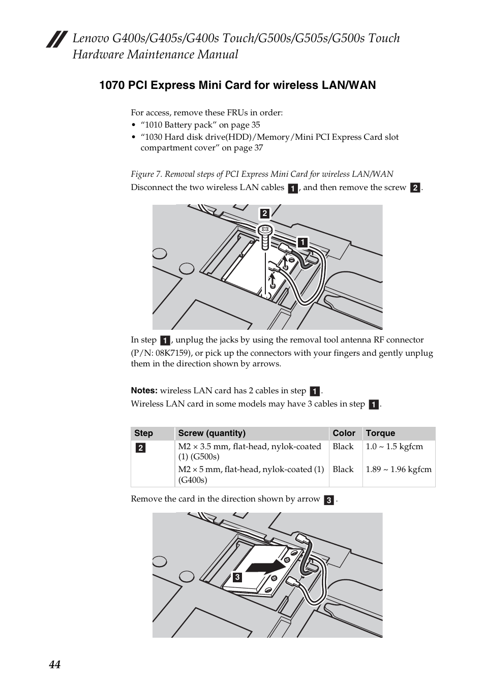 1070 pci express mini card for wireless lan/wan | Lenovo G405s Notebook User Manual | Page 48 / 104