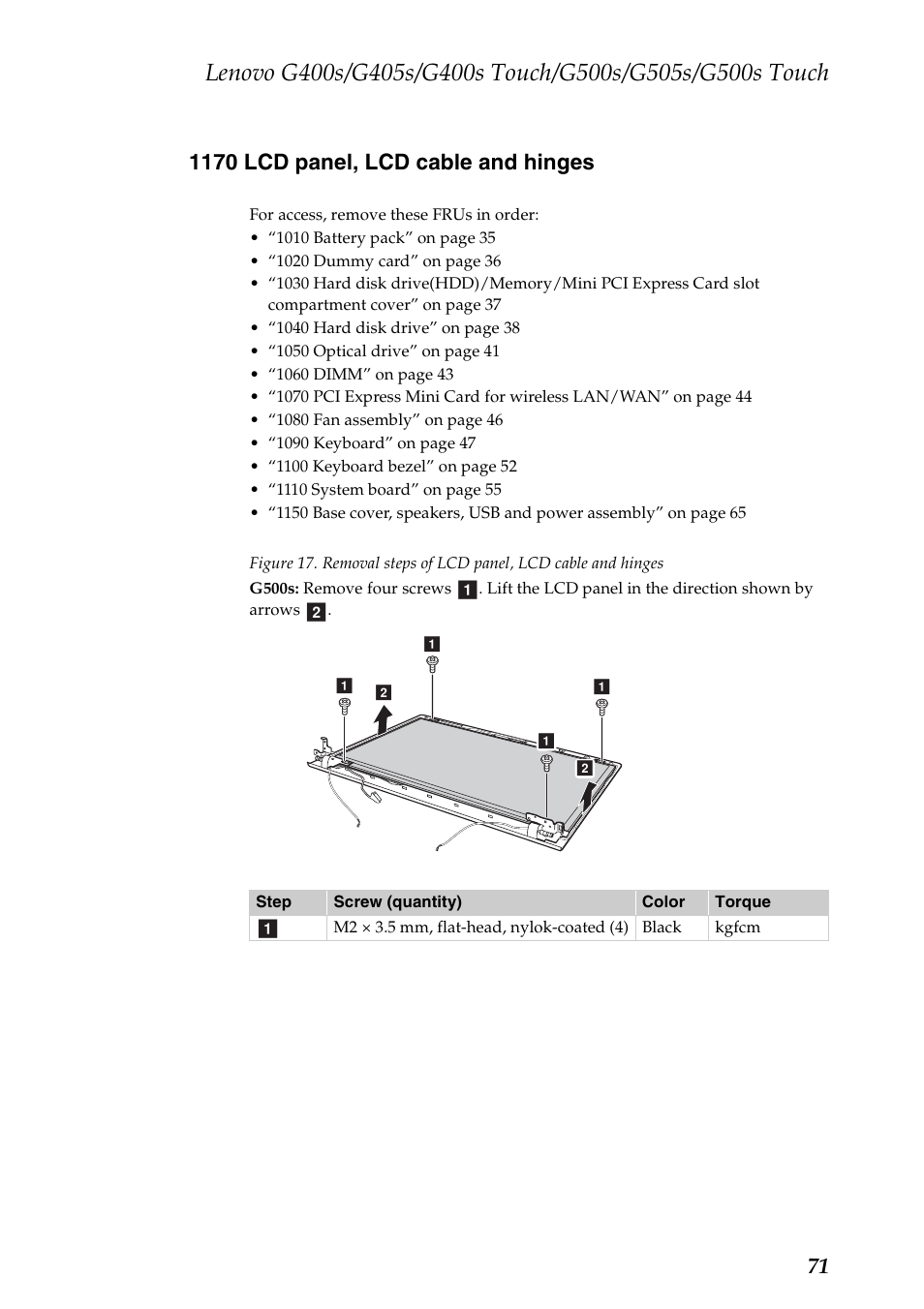 1170 lcd panel, lcd cable and hinges | Lenovo G405s Notebook User Manual | Page 75 / 104