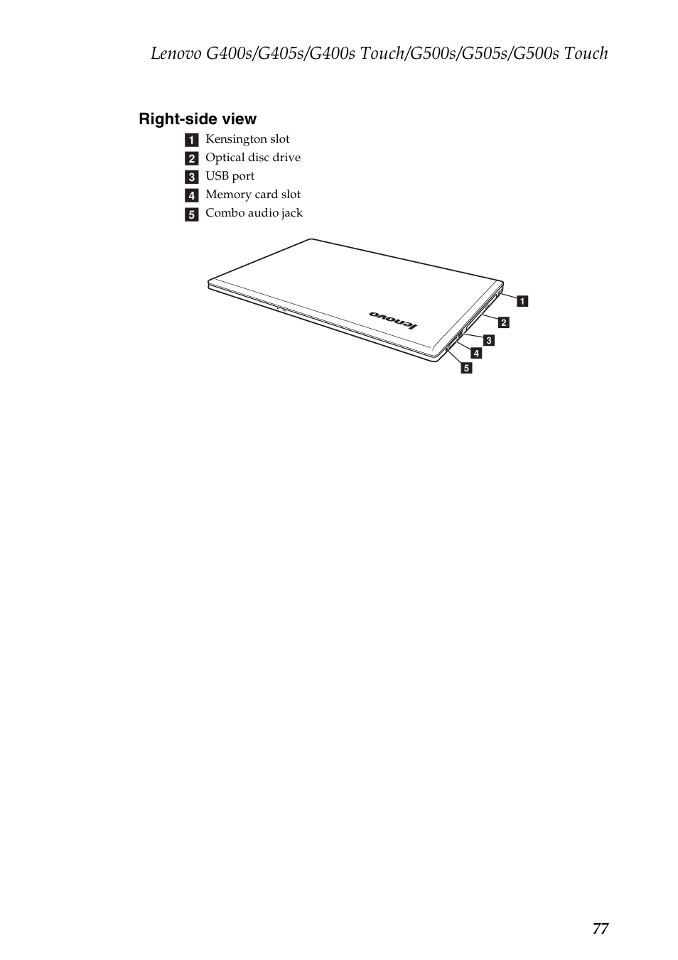 Right-side view, 77 right-side view | Lenovo G405s Notebook User Manual | Page 81 / 104