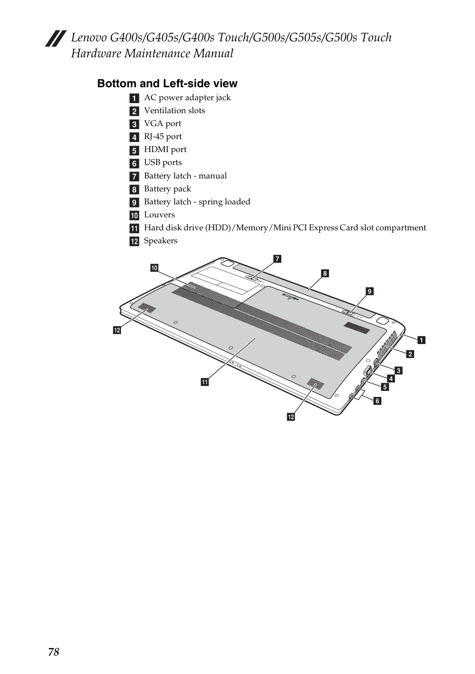 Bottom and left-side view, 78 bottom and left-side view | Lenovo G405s Notebook User Manual | Page 82 / 104