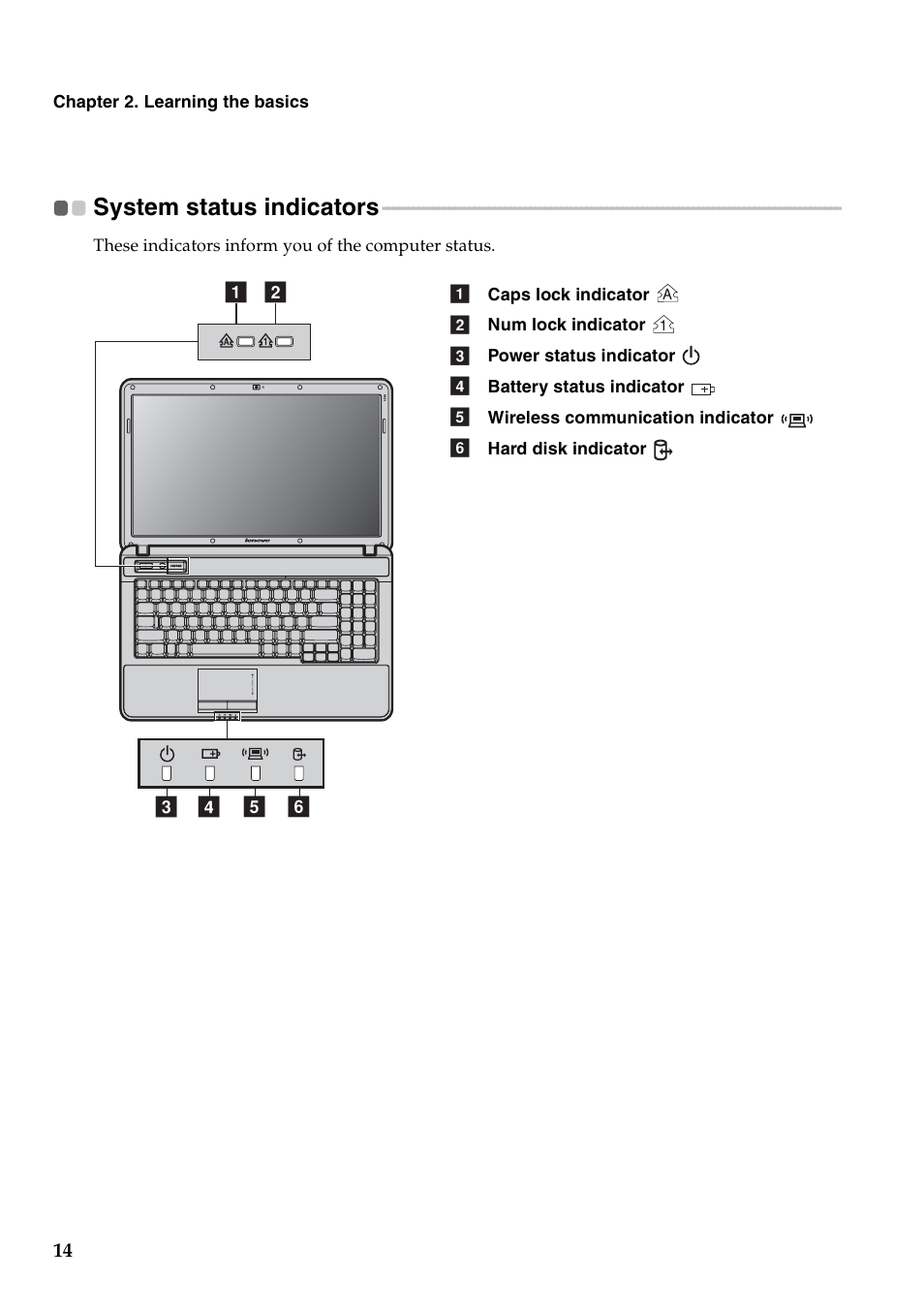 System status indicators | Lenovo B550 Notebook User Manual | Page 22 / 78