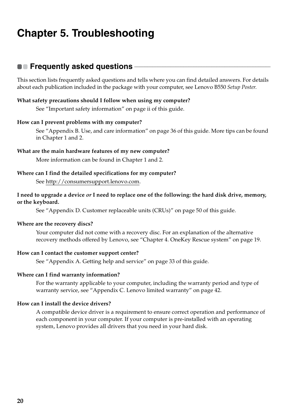 Chapter 5. troubleshooting, Frequently asked questions | Lenovo B550 Notebook User Manual | Page 28 / 78