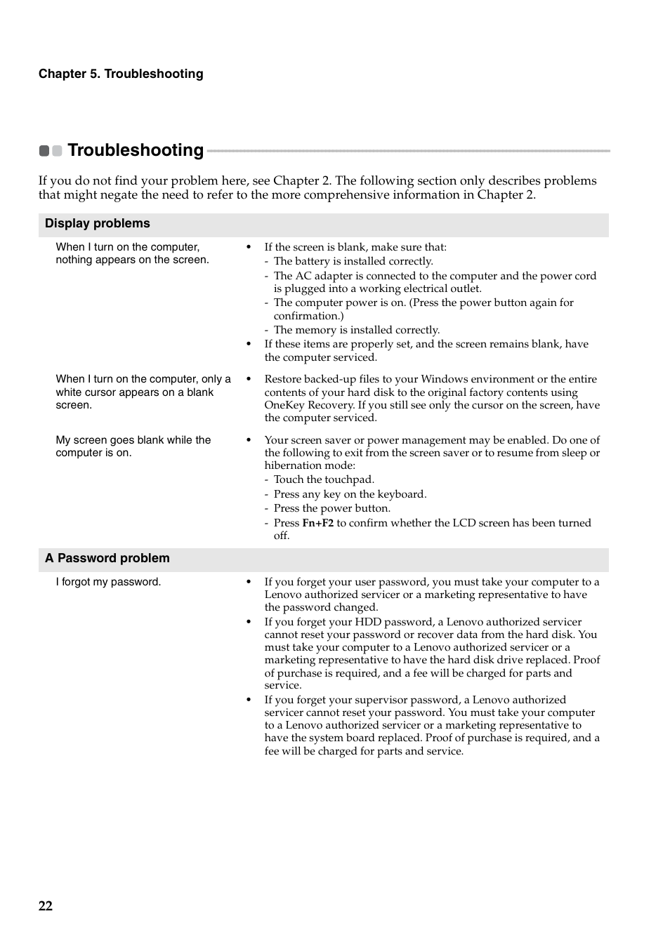 Troubleshooting | Lenovo B550 Notebook User Manual | Page 30 / 78