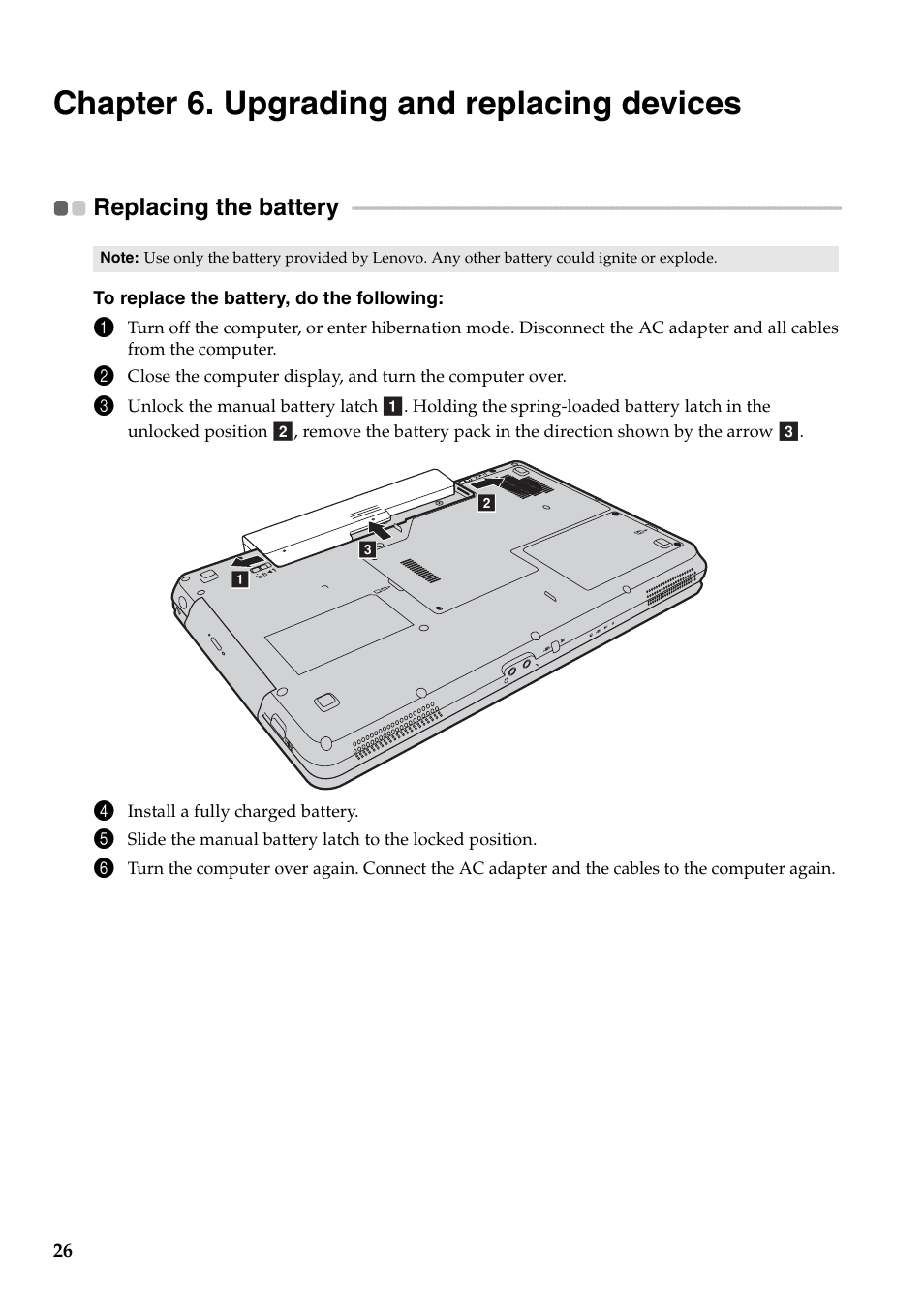 Chapter 6. upgrading and replacing devices, Replacing the battery | Lenovo B550 Notebook User Manual | Page 34 / 78