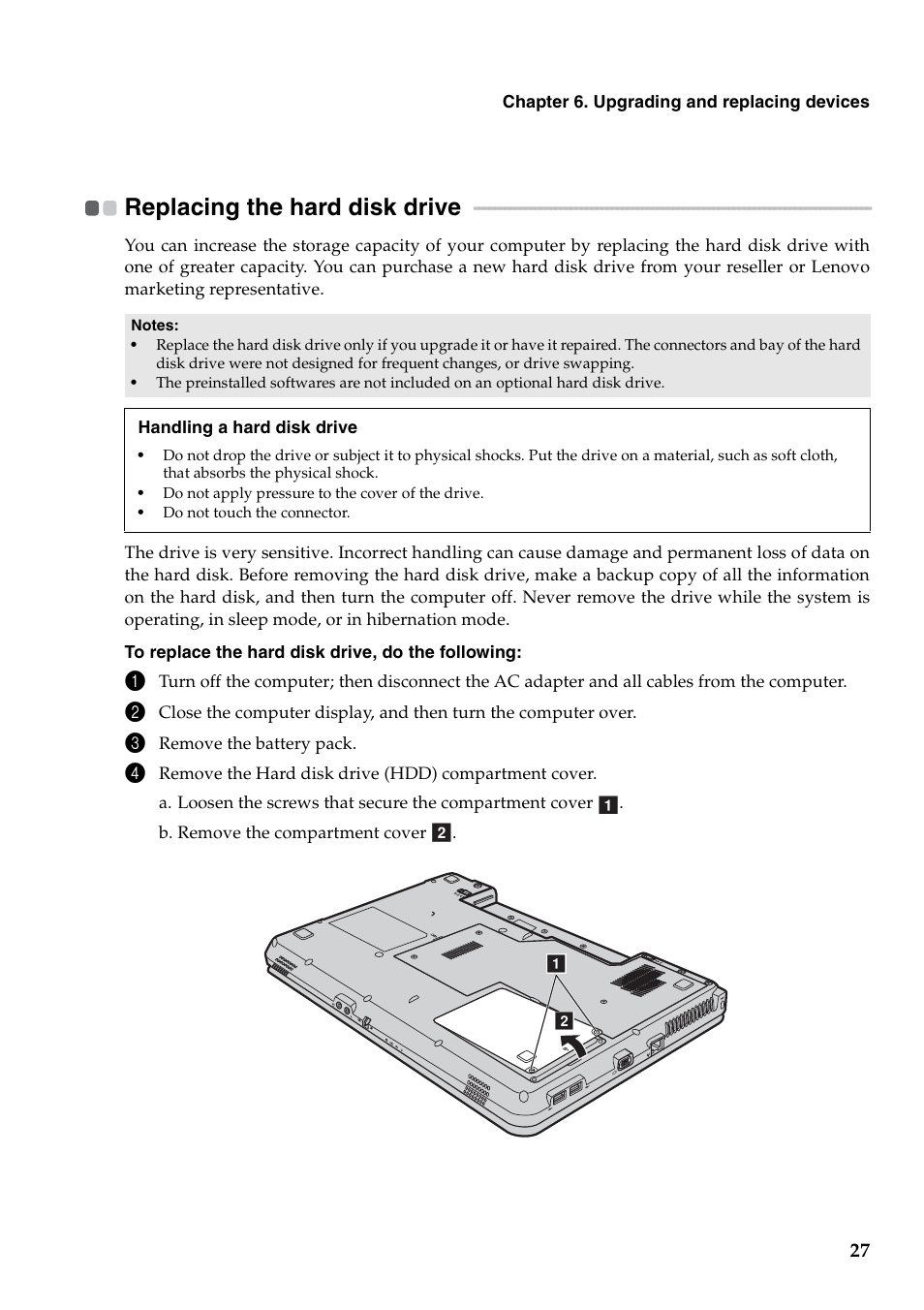 Replacing the hard disk drive | Lenovo B550 Notebook User Manual | Page 35 / 78