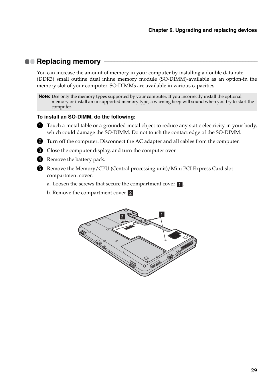Replacing memory | Lenovo B550 Notebook User Manual | Page 37 / 78