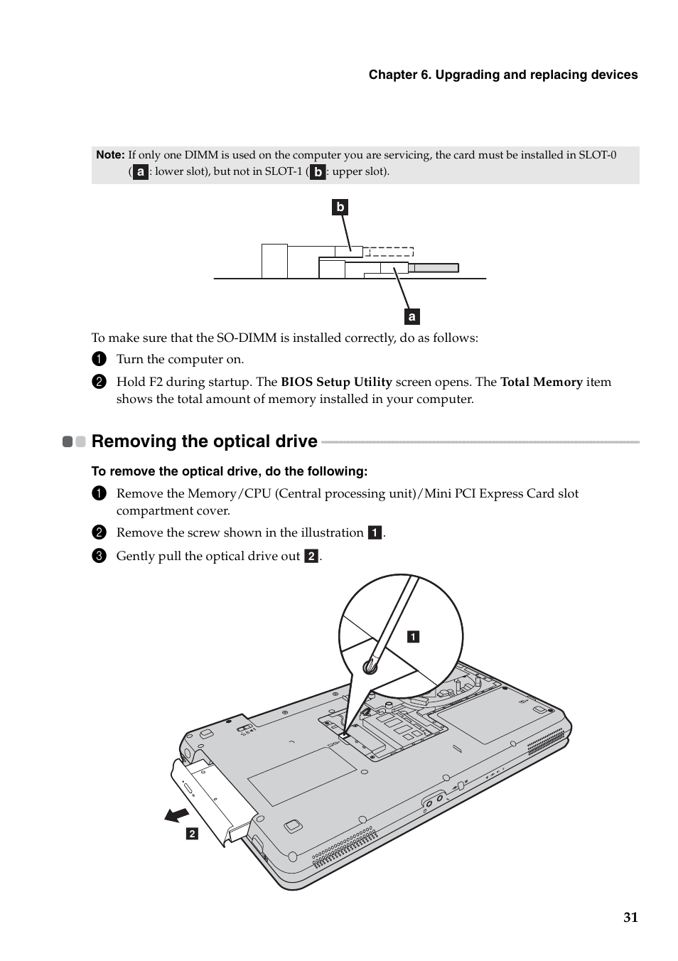 Removing the optical drive | Lenovo B550 Notebook User Manual | Page 39 / 78