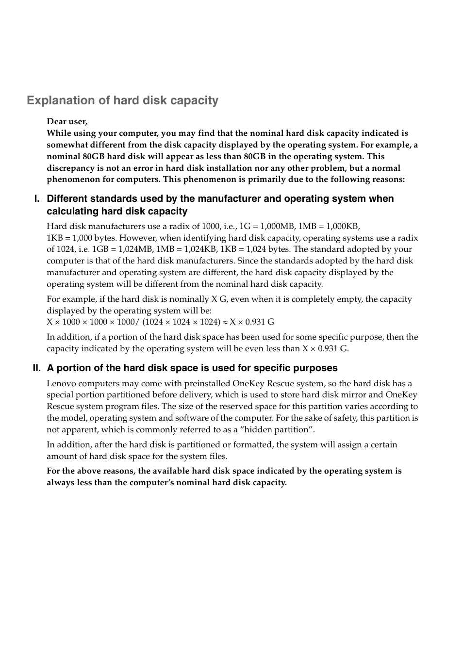 Explanation of hard disk capacity | Lenovo B550 Notebook User Manual | Page 4 / 78