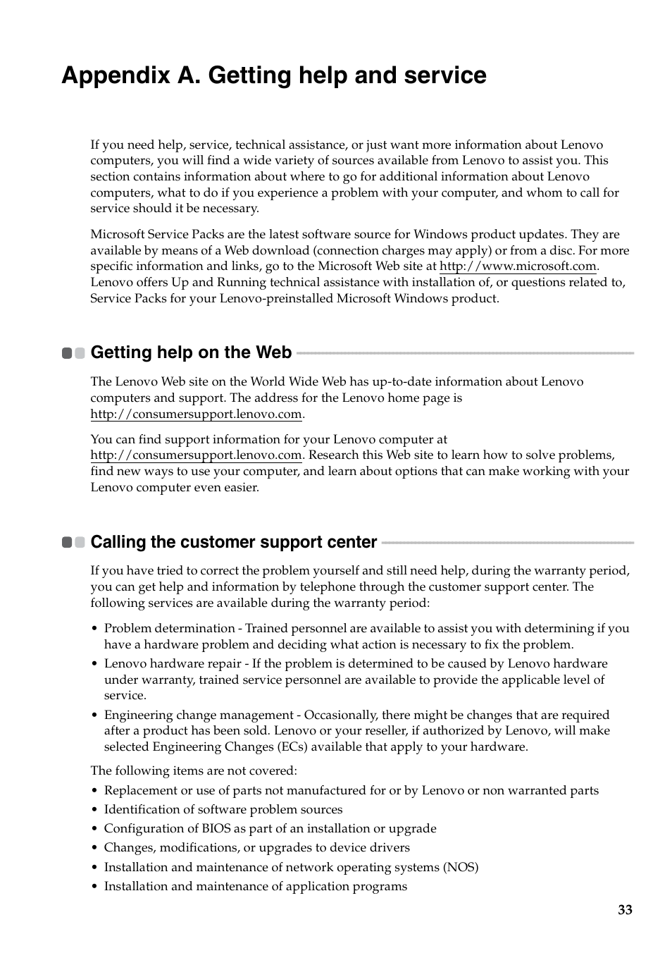 Appendix a. getting help and service, Getting help on the web, Calling the customer support center | Lenovo B550 Notebook User Manual | Page 41 / 78