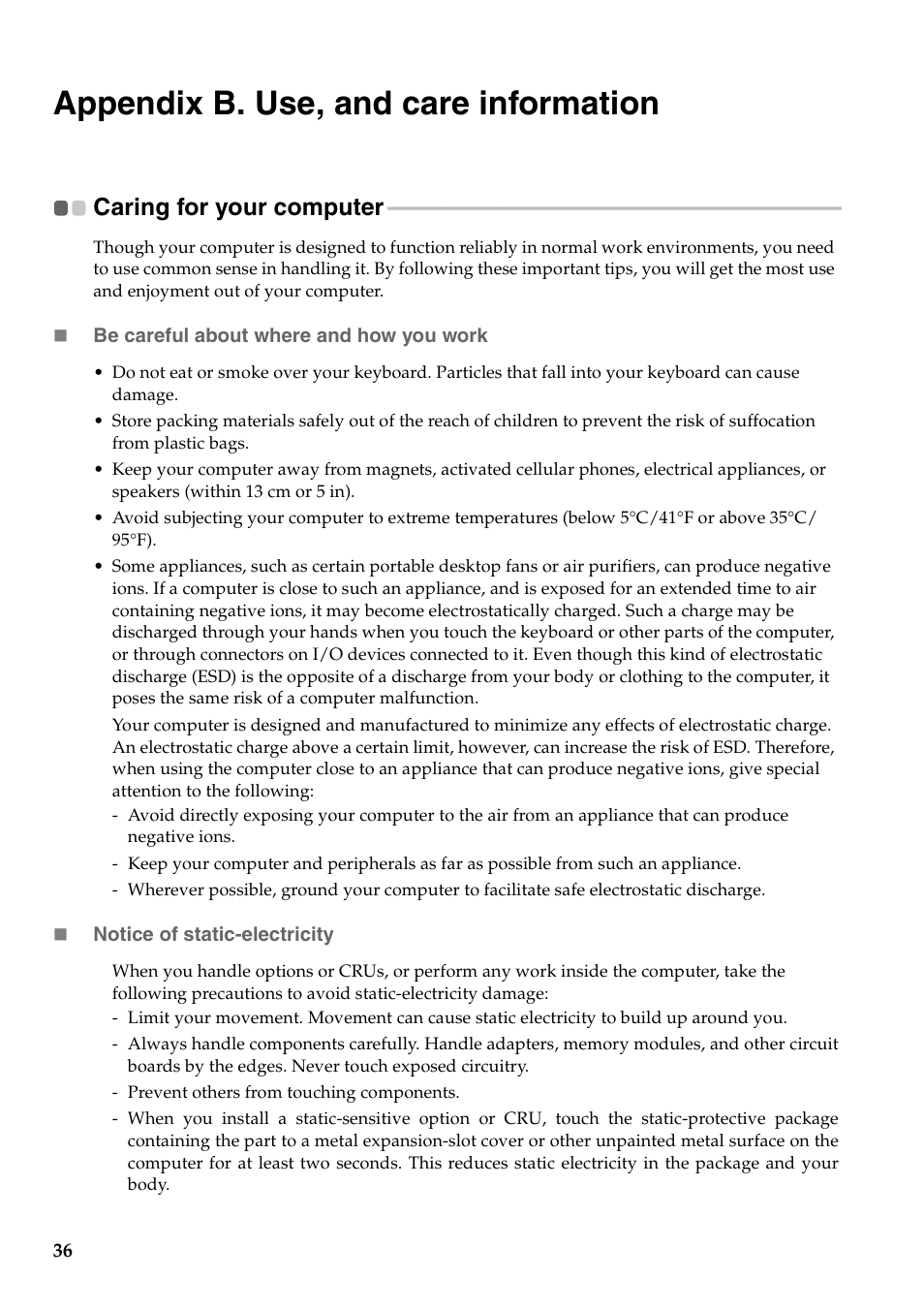 Appendix b. use, and care information, Caring for your computer | Lenovo B550 Notebook User Manual | Page 44 / 78