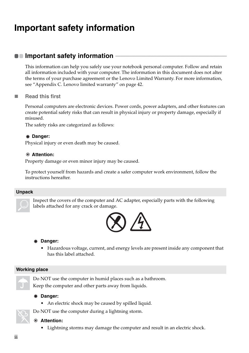 Important safety information | Lenovo B550 Notebook User Manual | Page 6 / 78