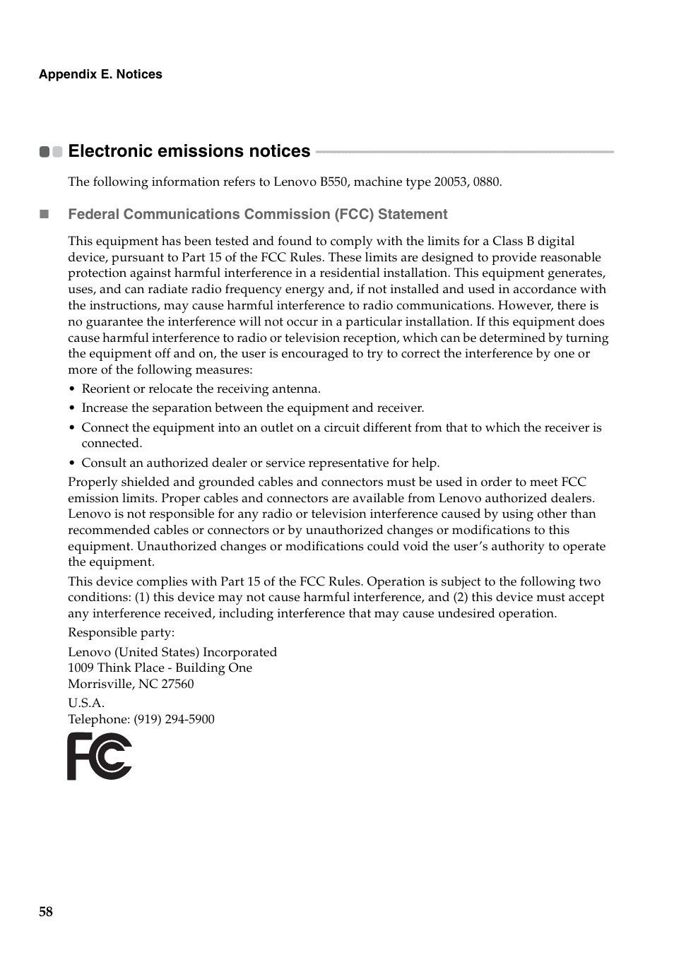 Electronic emissions notices | Lenovo B550 Notebook User Manual | Page 66 / 78