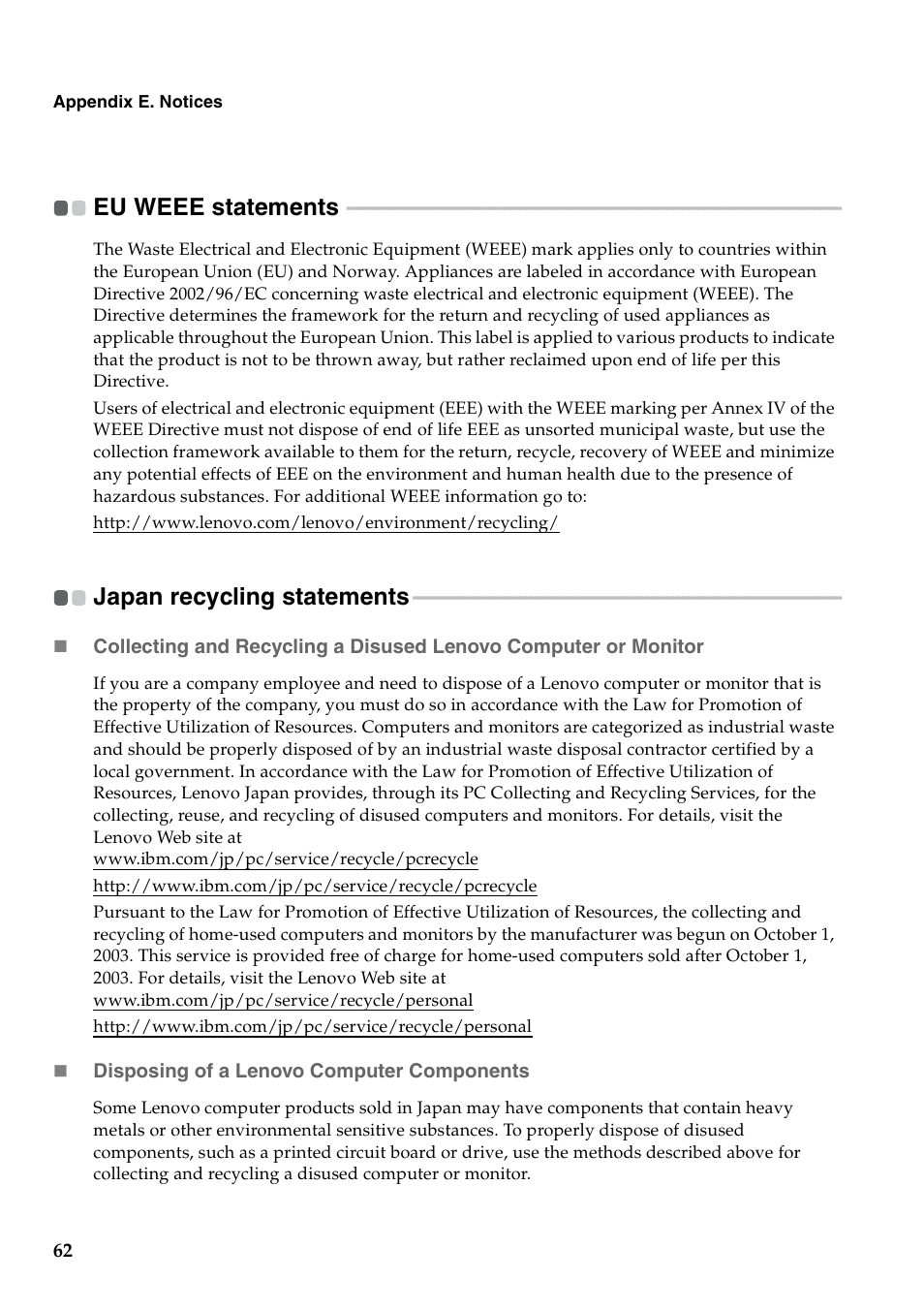 Eu weee statements, Japan recycling statements, Eu weee statements japan recycling statements | Lenovo B550 Notebook User Manual | Page 70 / 78