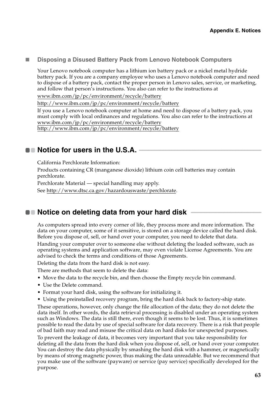 Notice for users in the u.s.a, Notice on deleting data from your hard disk | Lenovo B550 Notebook User Manual | Page 71 / 78