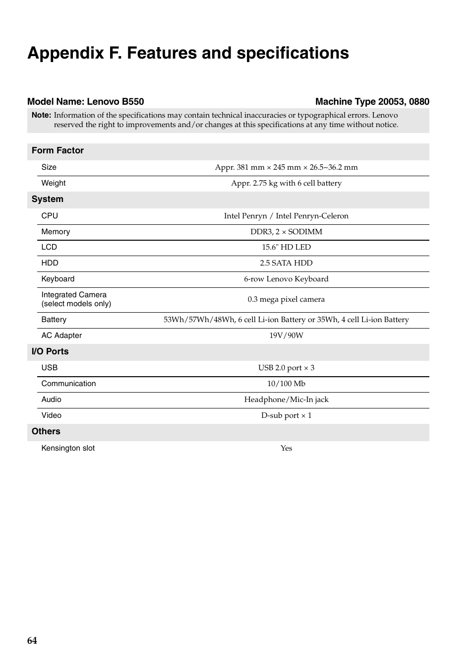 Appendix f. features and specifications | Lenovo B550 Notebook User Manual | Page 72 / 78