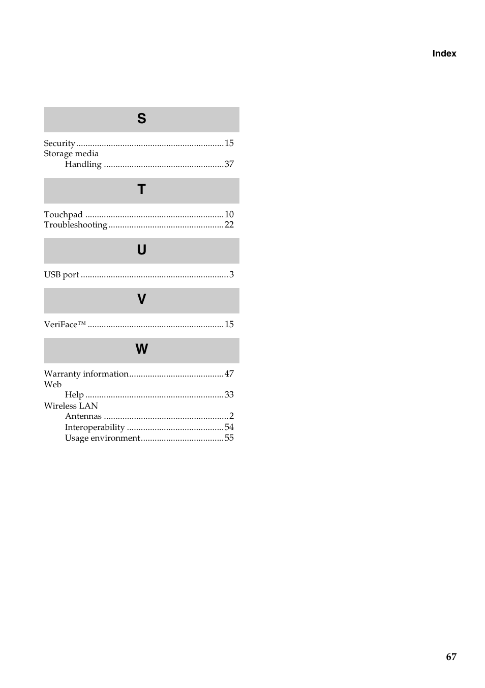 St u v w | Lenovo B550 Notebook User Manual | Page 75 / 78