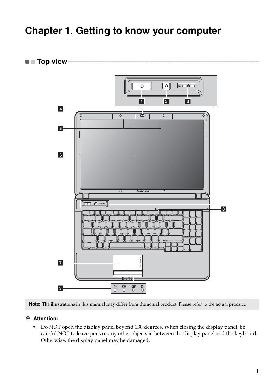 Chapter 1. getting to know your computer, Top view | Lenovo B550 Notebook User Manual | Page 9 / 78