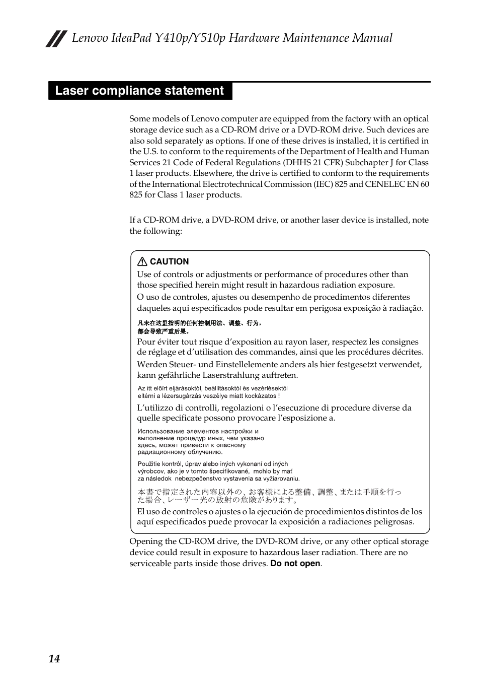 Laser compliance statement | Lenovo IdeaPad Y510p Notebook User Manual | Page 18 / 112