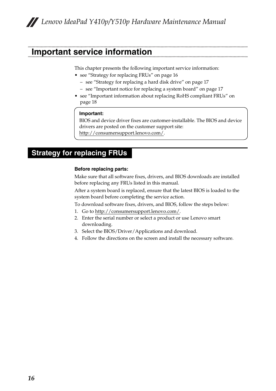 Important service information, Strategy for replacing frus | Lenovo IdeaPad Y510p Notebook User Manual | Page 20 / 112