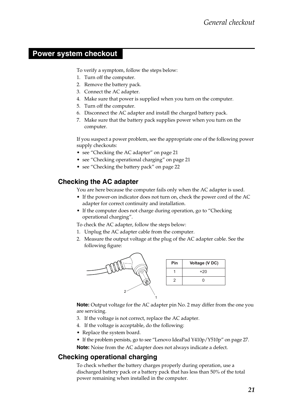 Power system checkout, Checking the ac adapter, Checking operational charging | General checkout | Lenovo IdeaPad Y510p Notebook User Manual | Page 25 / 112