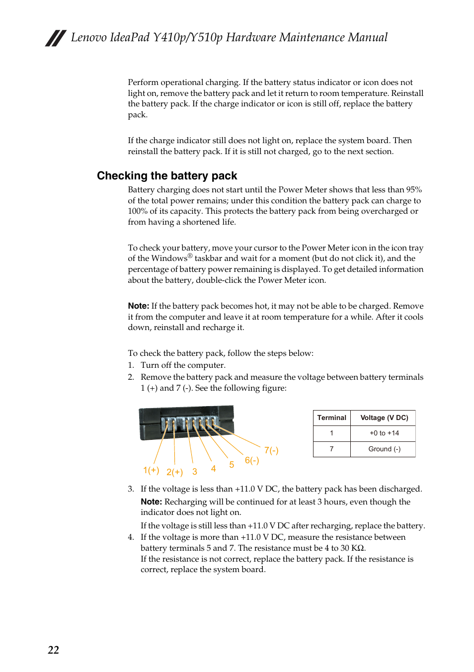 Checking the battery pack | Lenovo IdeaPad Y510p Notebook User Manual | Page 26 / 112