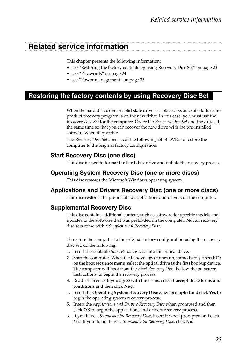 Related service information, Start recovery disc (one disc), Operating system recovery disc (one or more discs) | Supplemental recovery disc | Lenovo IdeaPad Y510p Notebook User Manual | Page 27 / 112