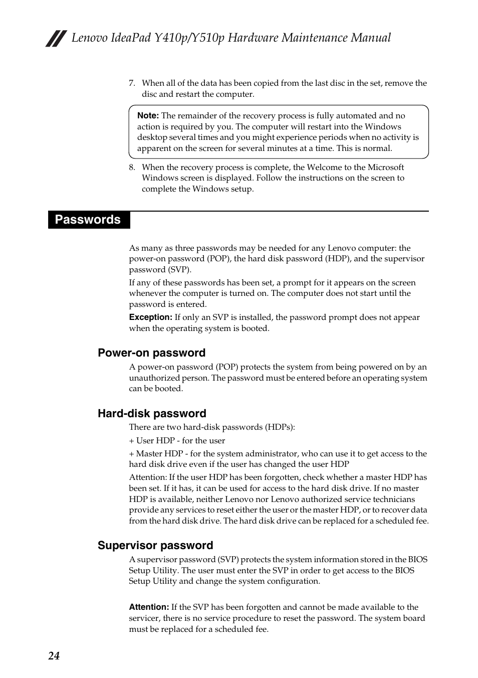 Passwords, Power-on password, Hard-disk password | Supervisor password | Lenovo IdeaPad Y510p Notebook User Manual | Page 28 / 112