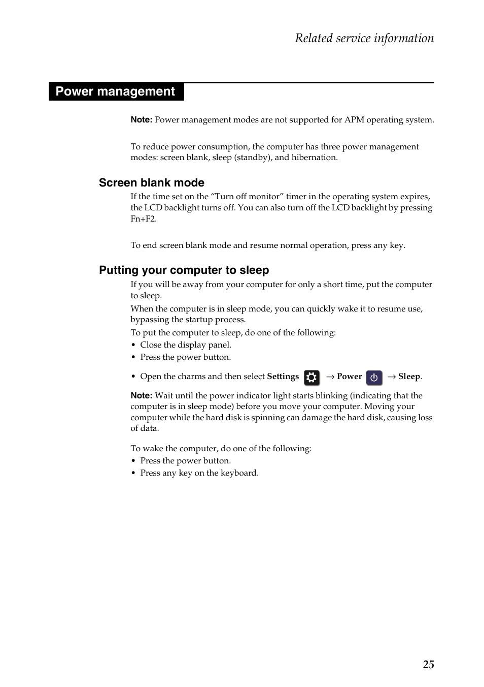 Power management, Screen blank mode, Putting your computer to sleep | Screen blank mode putting your computer to sleep, Related service information | Lenovo IdeaPad Y510p Notebook User Manual | Page 29 / 112