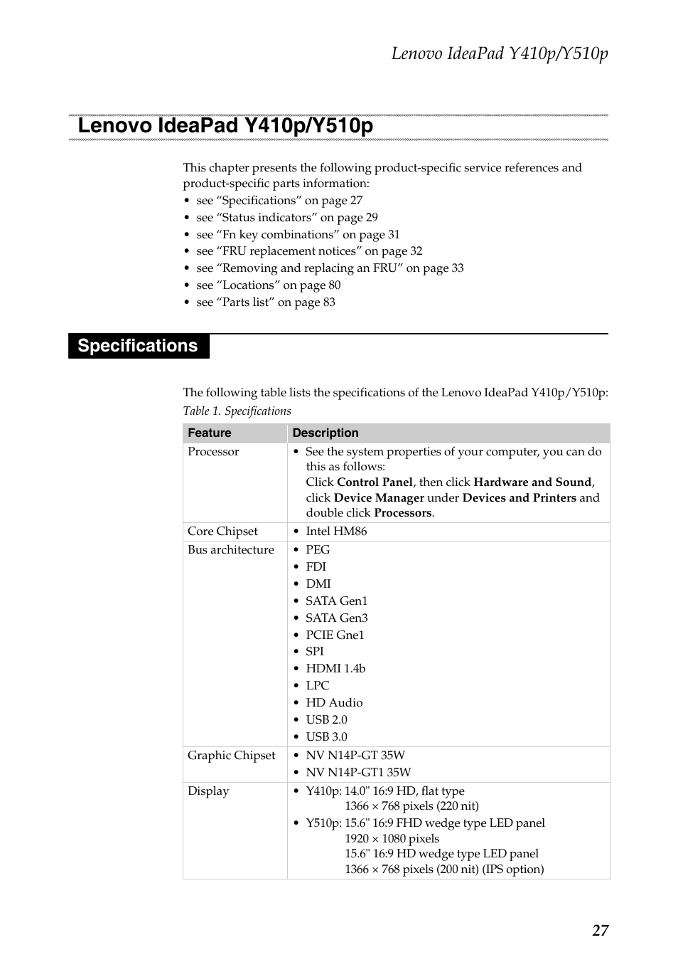 Lenovo ideapad y410p/y510p, Specifications, Lenovo ideapad y410p/y510p specifications | Lenovo IdeaPad Y510p Notebook User Manual | Page 31 / 112