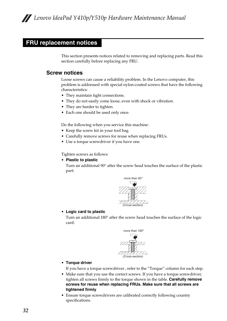 Fru replacement notices, Screw notices | Lenovo IdeaPad Y510p Notebook User Manual | Page 36 / 112