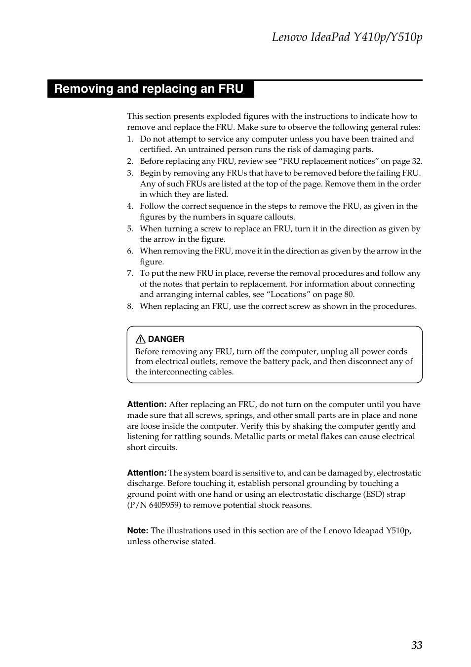 Removing and replacing an fru | Lenovo IdeaPad Y510p Notebook User Manual | Page 37 / 112