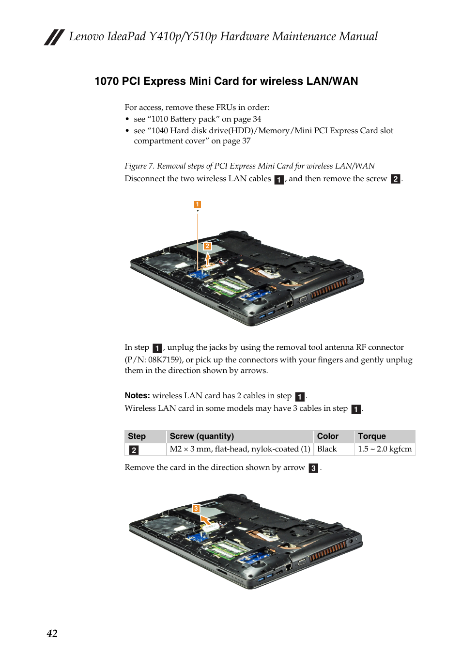 1070 pci express mini card for wireless lan/wan | Lenovo IdeaPad Y510p Notebook User Manual | Page 46 / 112