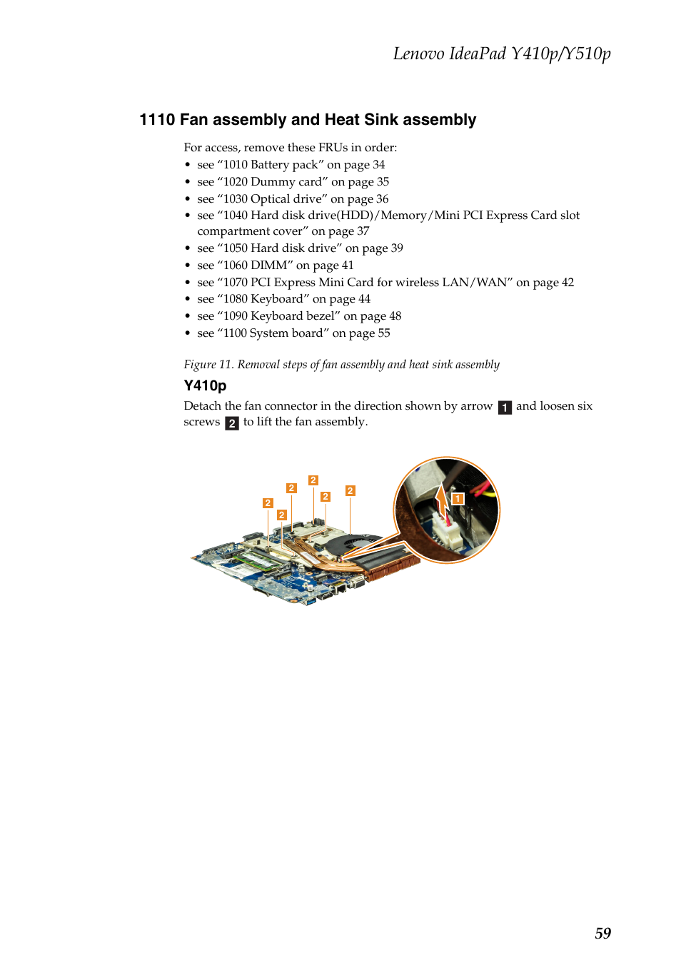 1110 fan assembly and heat sink assembly | Lenovo IdeaPad Y510p Notebook User Manual | Page 63 / 112