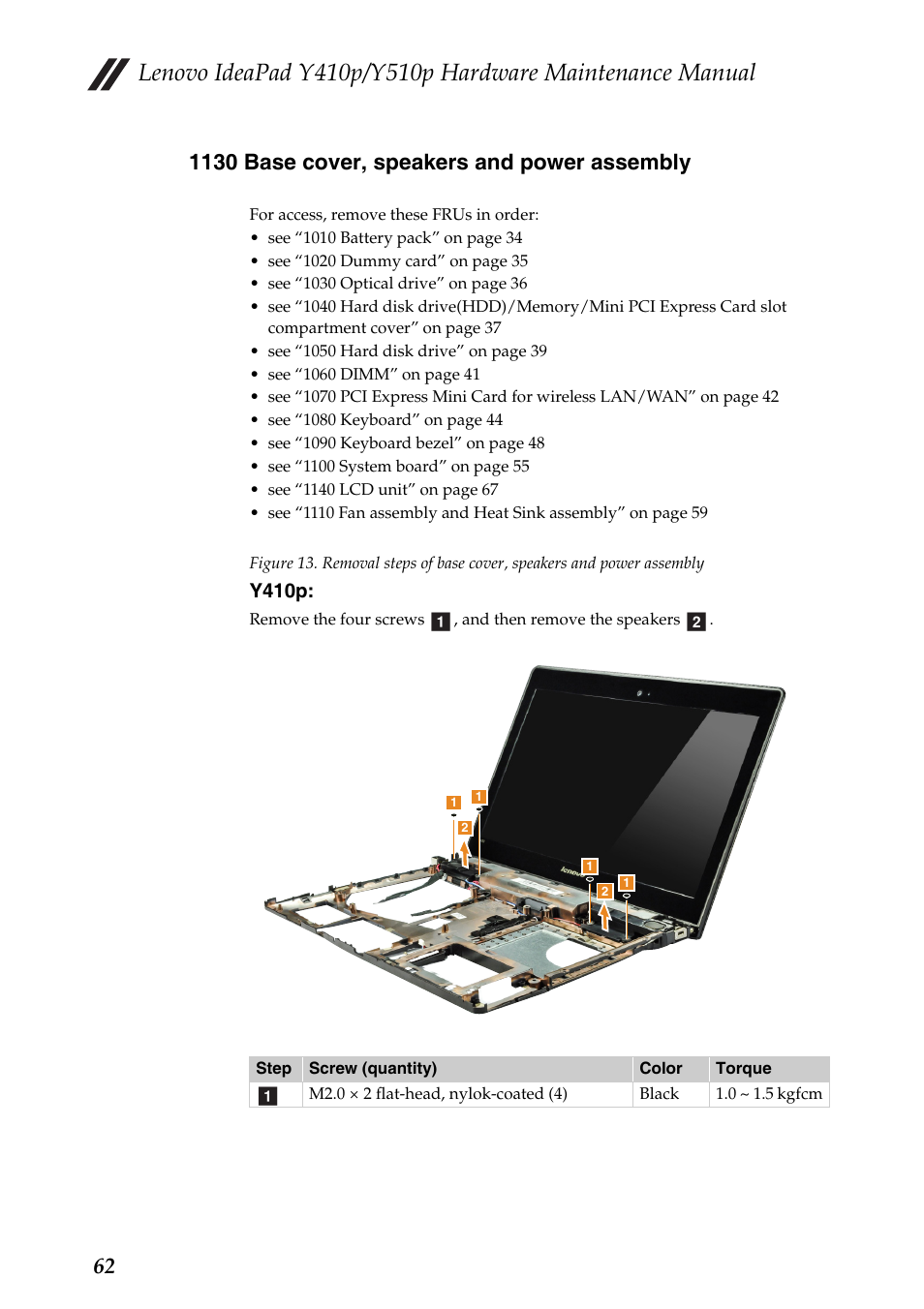 1130 base cover, speakers and power assembly | Lenovo IdeaPad Y510p Notebook User Manual | Page 66 / 112