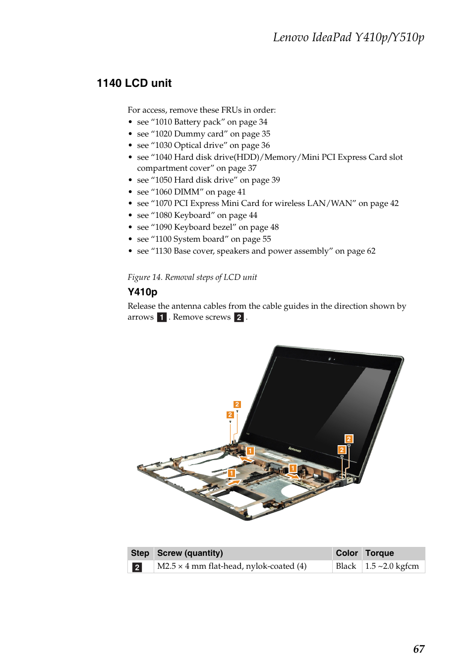 1140 lcd unit | Lenovo IdeaPad Y510p Notebook User Manual | Page 71 / 112