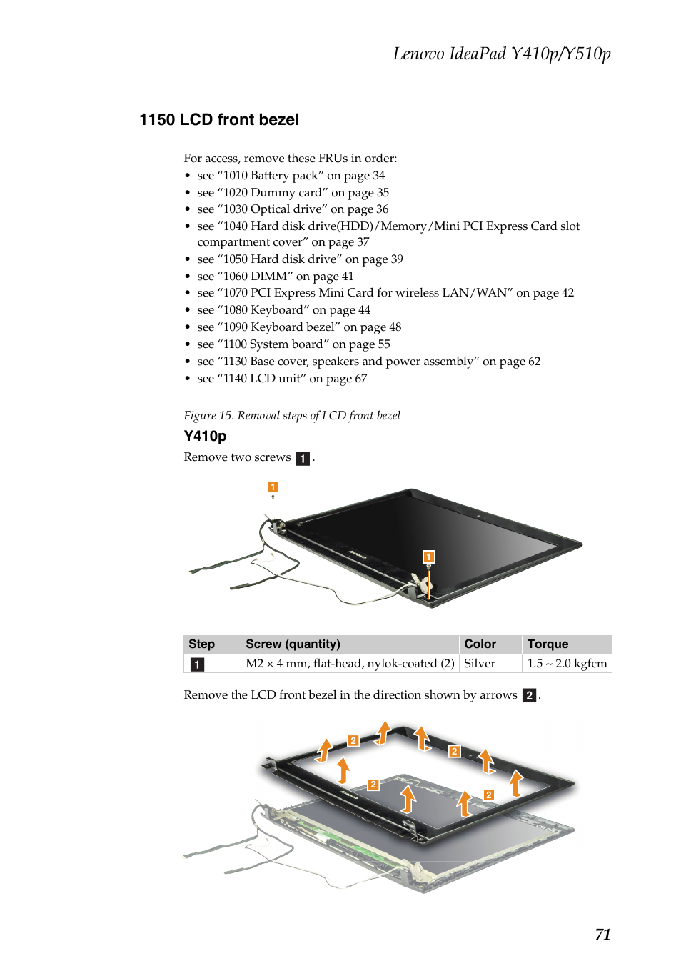 1150 lcd front bezel | Lenovo IdeaPad Y510p Notebook User Manual | Page 75 / 112