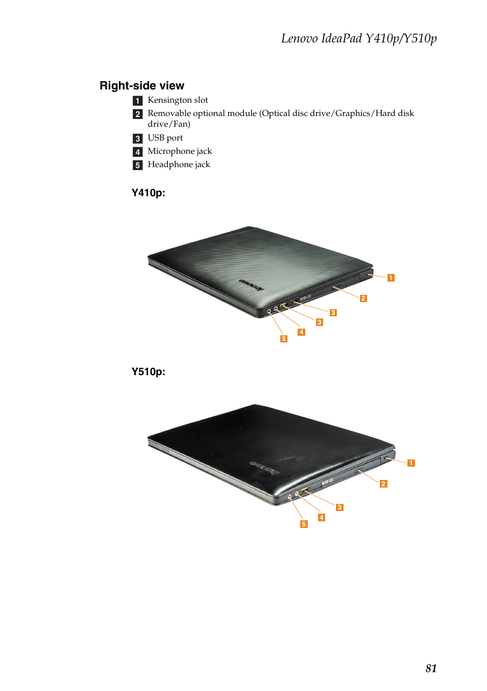 Right-side view, 81 right-side view | Lenovo IdeaPad Y510p Notebook User Manual | Page 85 / 112
