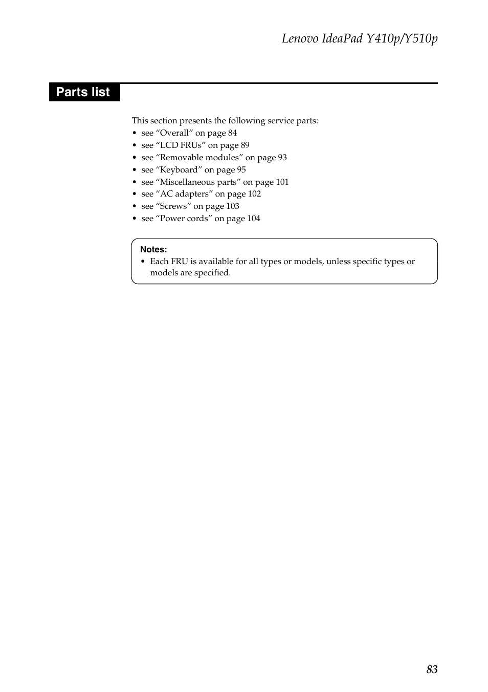 Parts list | Lenovo IdeaPad Y510p Notebook User Manual | Page 87 / 112