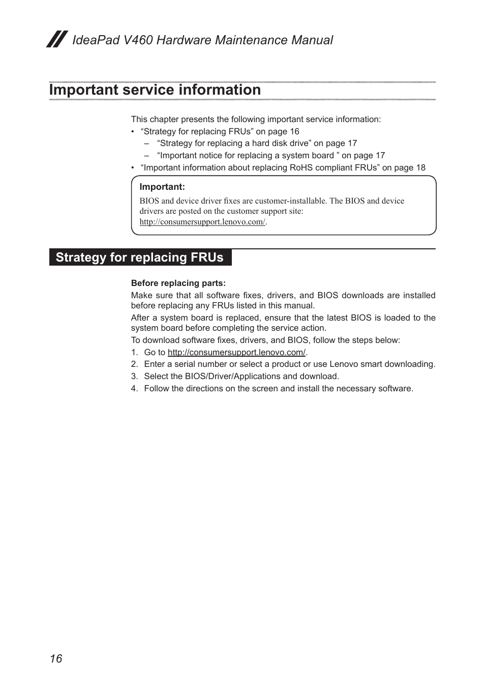 Important service information, Strategy for replacing frus, Ideapad v460 hardware maintenance manual | Lenovo IdeaPad V460 User Manual | Page 20 / 88