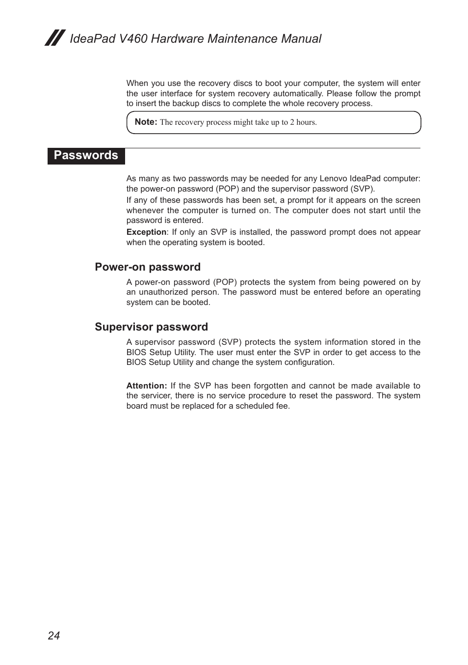 Passwords, Power-on password, Supervisor password | Ideapad v460 hardware maintenance manual | Lenovo IdeaPad V460 User Manual | Page 28 / 88