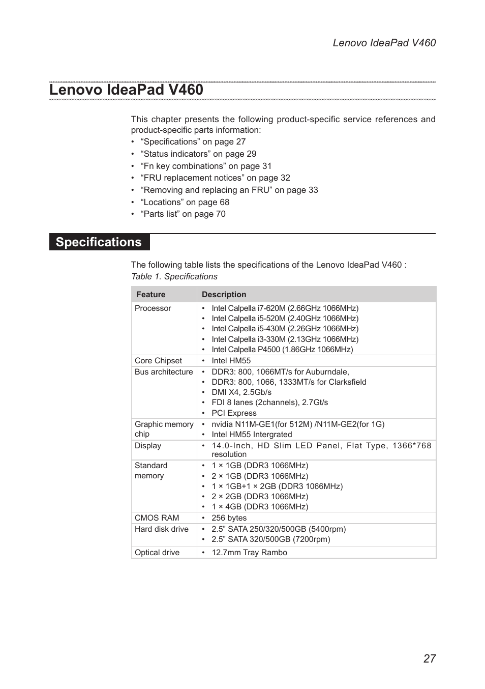 Lenovo ideapad v460, Specifications | Lenovo IdeaPad V460 User Manual | Page 31 / 88