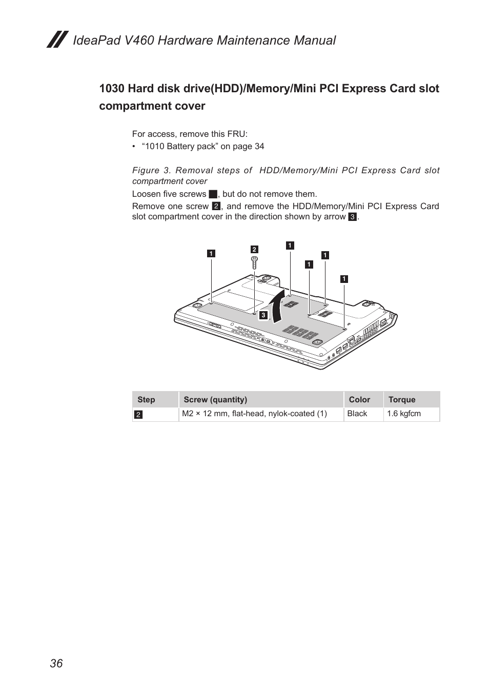 1030 hard disk drive(hdd)/memory/mini pci, Express card slot compartment cover, Ideapad v460 hardware maintenance manual | Lenovo IdeaPad V460 User Manual | Page 40 / 88