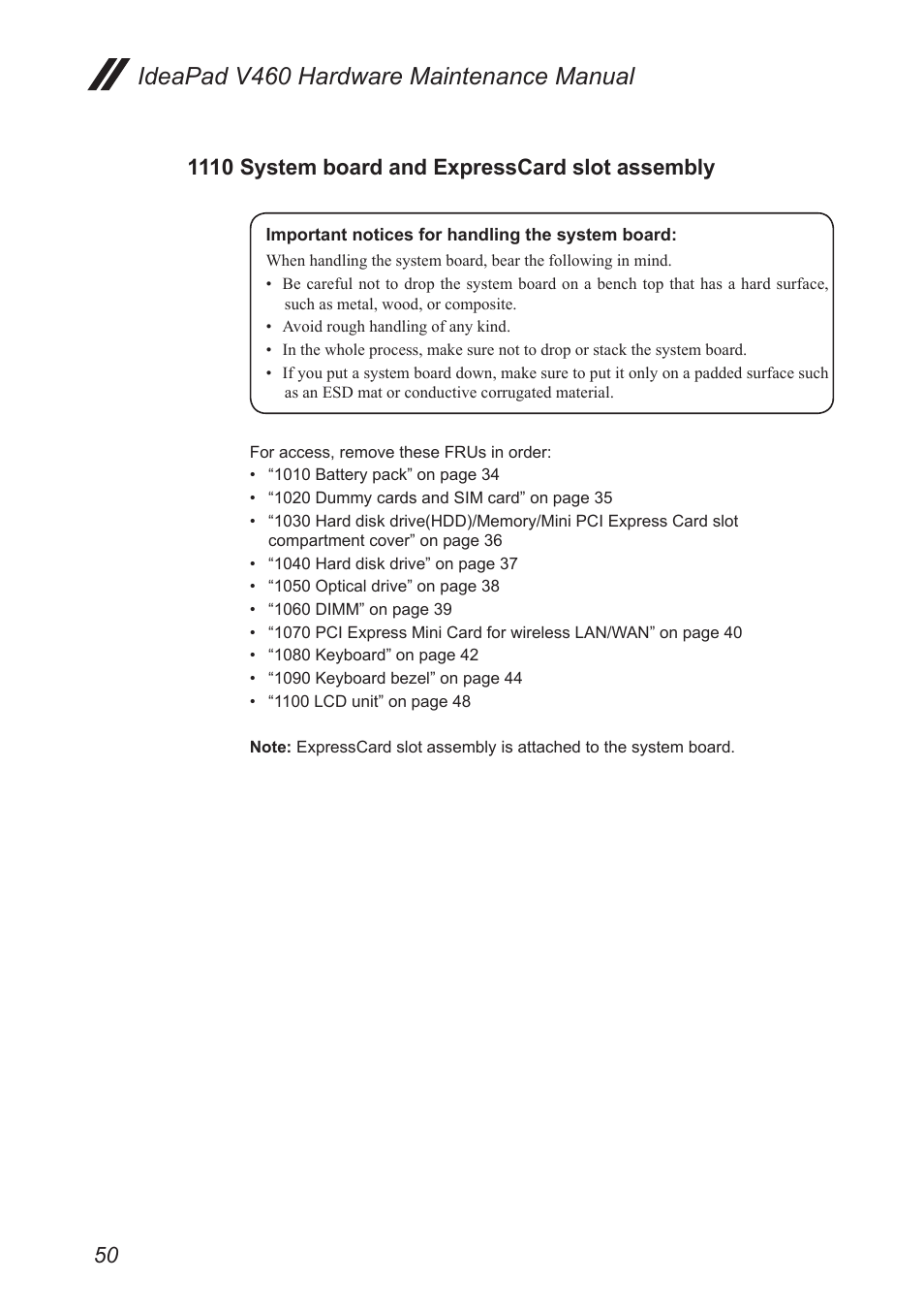 1110 system board and expresscard slot assembly, 1110 system board and expresscard slot, Assembly | Ideapad v460 hardware maintenance manual | Lenovo IdeaPad V460 User Manual | Page 54 / 88