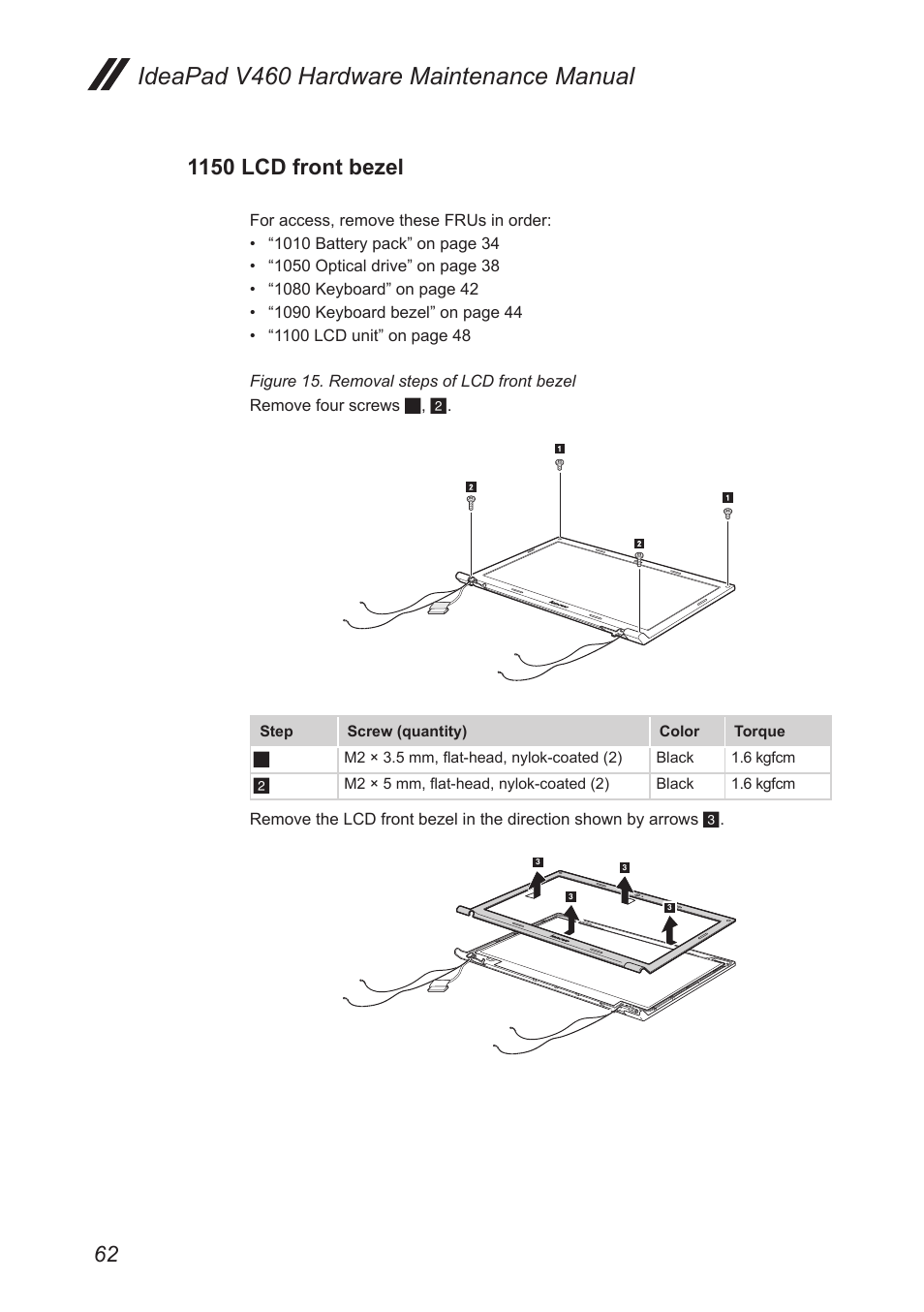 1150 lcd front bezel, Ideapad v460 hardware maintenance manual | Lenovo IdeaPad V460 User Manual | Page 66 / 88