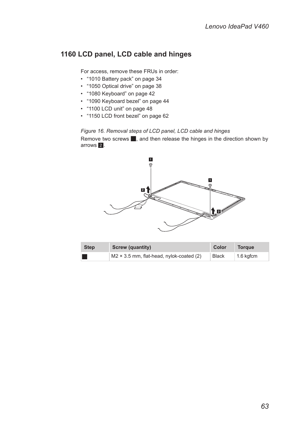 1160 lcd panel, lcd cable and hinges, Lenovo ideapad v460 | Lenovo IdeaPad V460 User Manual | Page 67 / 88