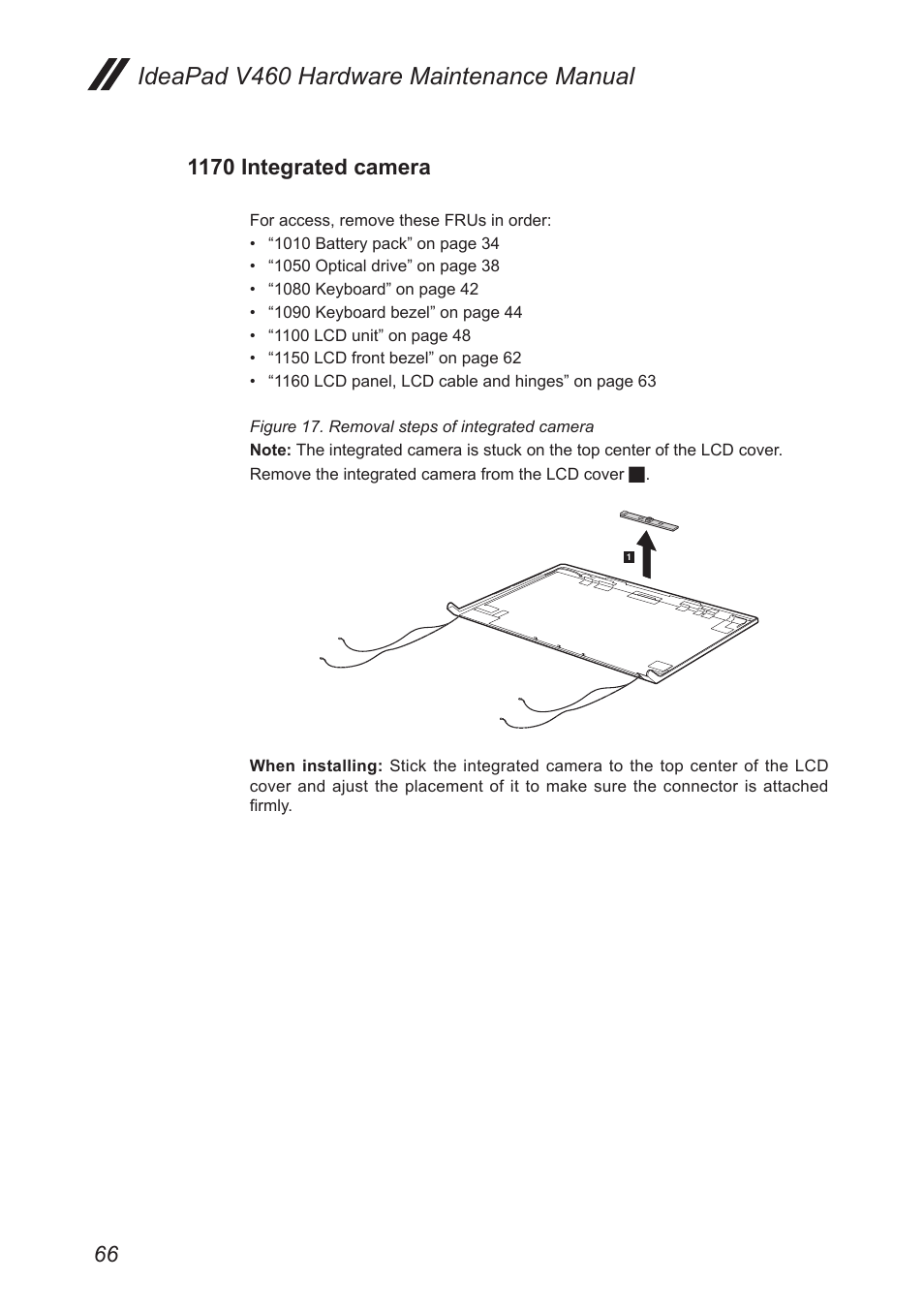 1170 integrated camera, Ideapad v460 hardware maintenance manual | Lenovo IdeaPad V460 User Manual | Page 70 / 88