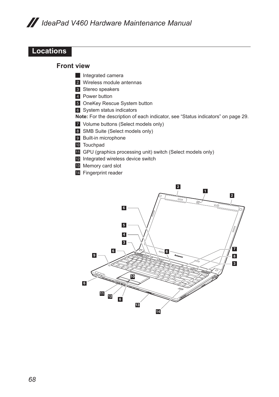 Locations, Front view, Ideapad v460 hardware maintenance manual locations | Lenovo IdeaPad V460 User Manual | Page 72 / 88