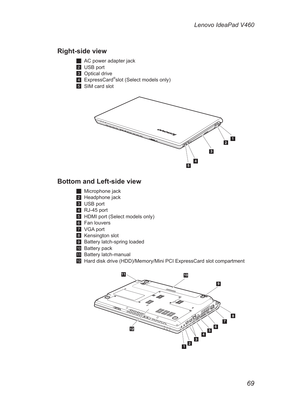 Right-side view, Bottom and left-side view | Lenovo IdeaPad V460 User Manual | Page 73 / 88